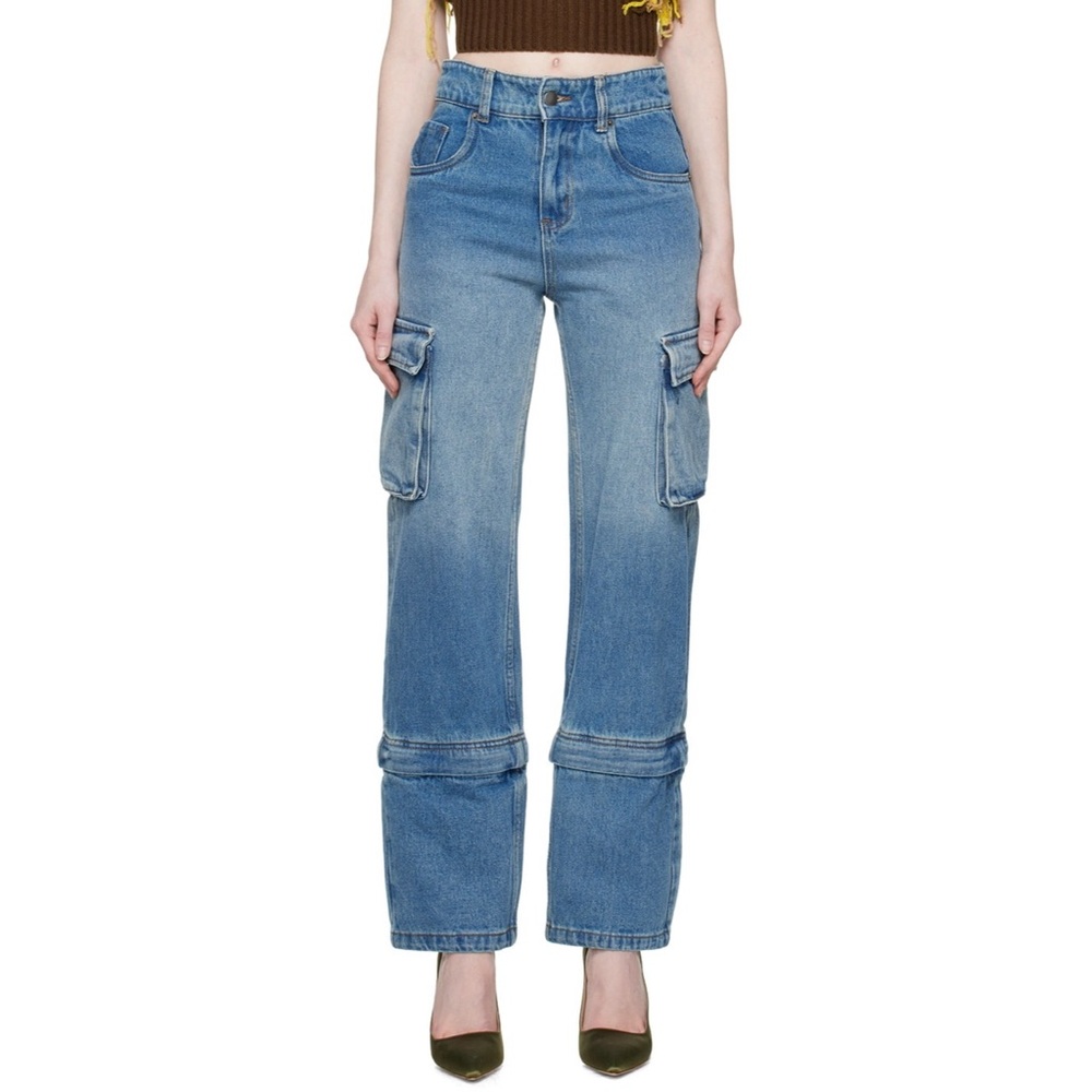 Straight Leg Cargo Jeans in Light Blue